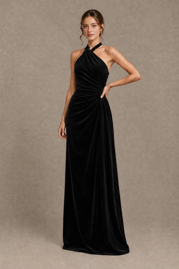 Graceful Sheath Halter Neck Sleeveless Open Back Floor-Length Bridesmaid Dress