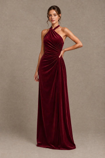Graceful Sheath Halter Neck Sleeveless Open Back Floor-Length Bridesmaid Dress