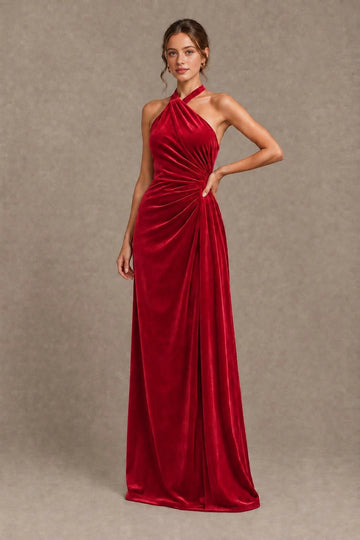 Graceful Sheath Halter Neck Sleeveless Open Back Floor-Length Bridesmaid Dress