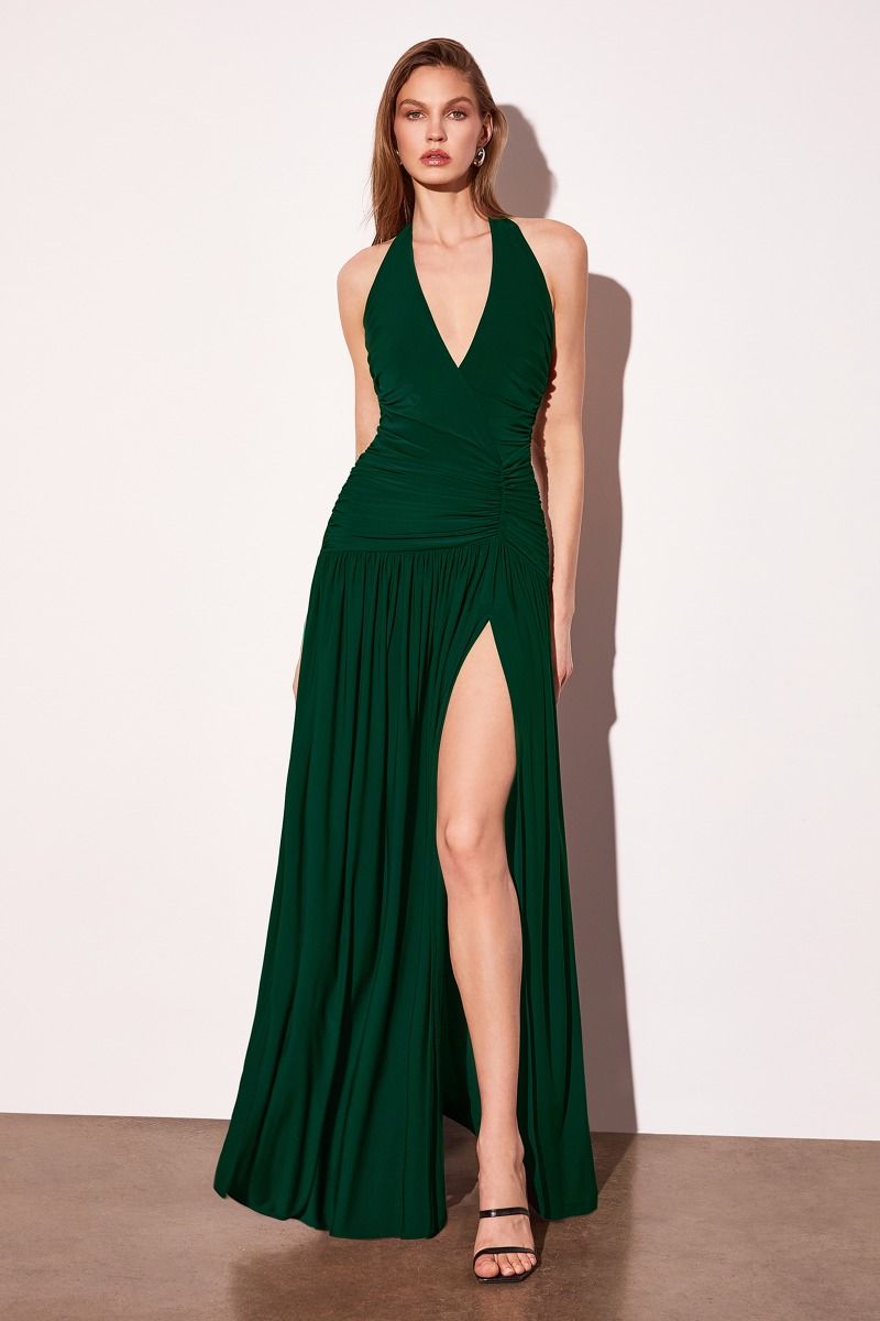 Sophisticated A-Line Halter V-Neck Sleeveless Ruched High Slit Evening Gown