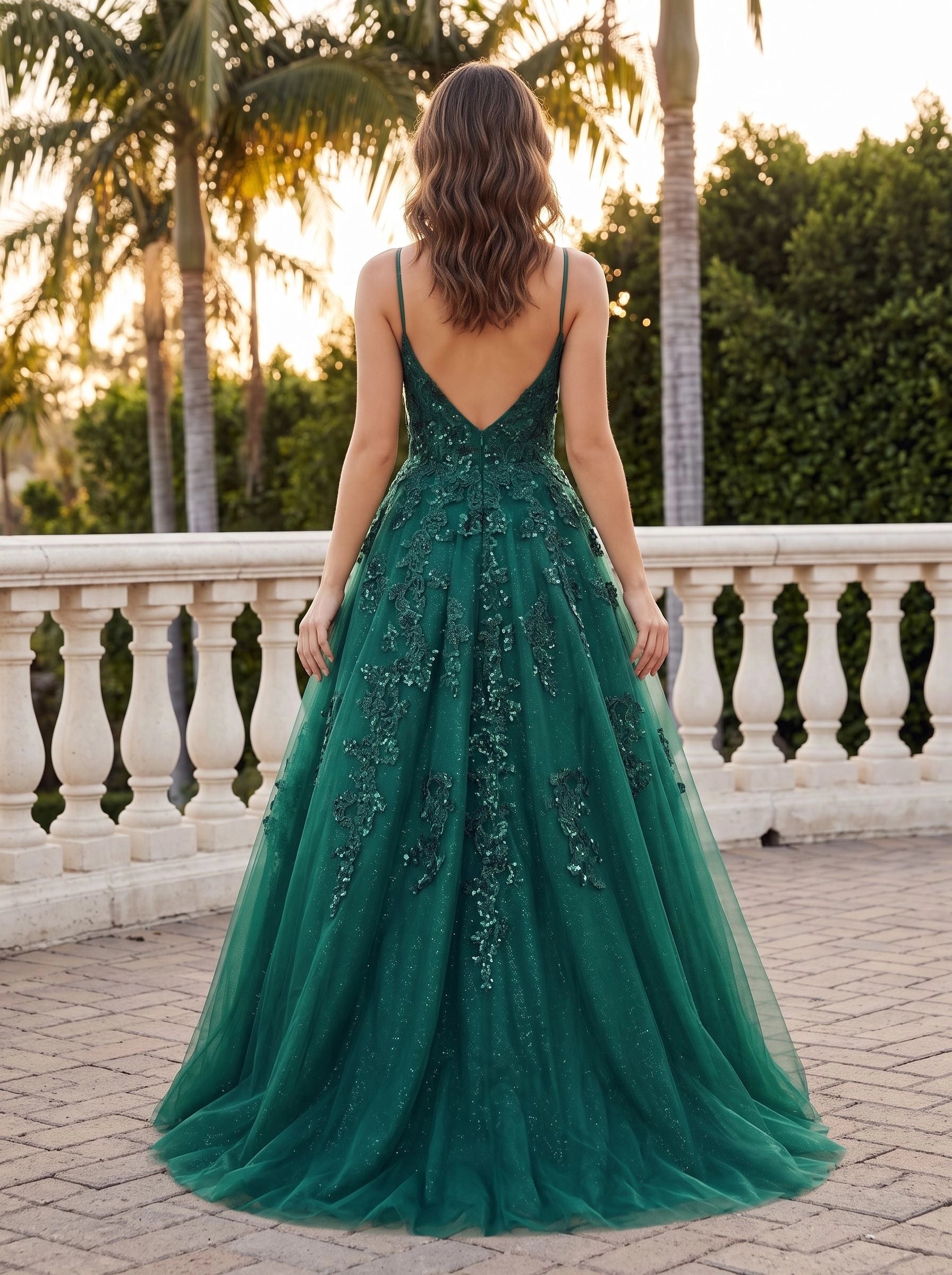 Emerald green ball gown long prom dress square neck thin spaghetti straps deep v‑back floral sequin lace appliqués sparkly glitter tulle formal evening gown by Vedress