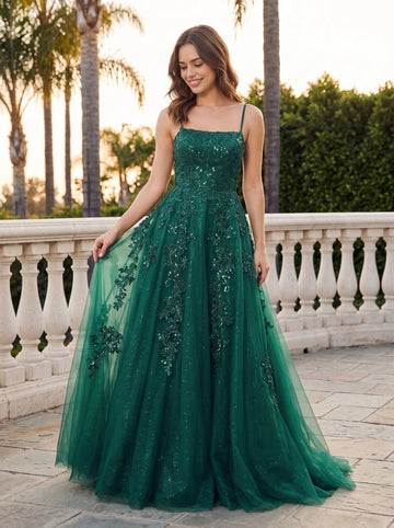 Emerald green ball gown long prom dress square neck thin spaghetti straps deep v‑back floral sequin lace appliqués sparkly glitter tulle formal evening gown by Vedress