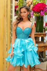 Enchanting A-Line Sweetheart Sleeveless Lace Organza Mini Ruffle Corset Homecoming Dress