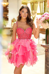 Enchanting A-Line Sweetheart Sleeveless Lace Organza Mini Ruffle Corset Homecoming Dress