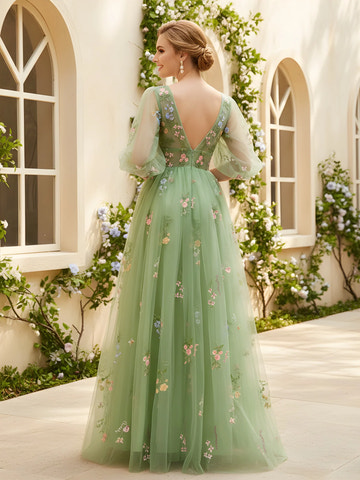 Enchanting A-Line V-Neck Half-Sleeve Tulle Embroidered Prom Dress