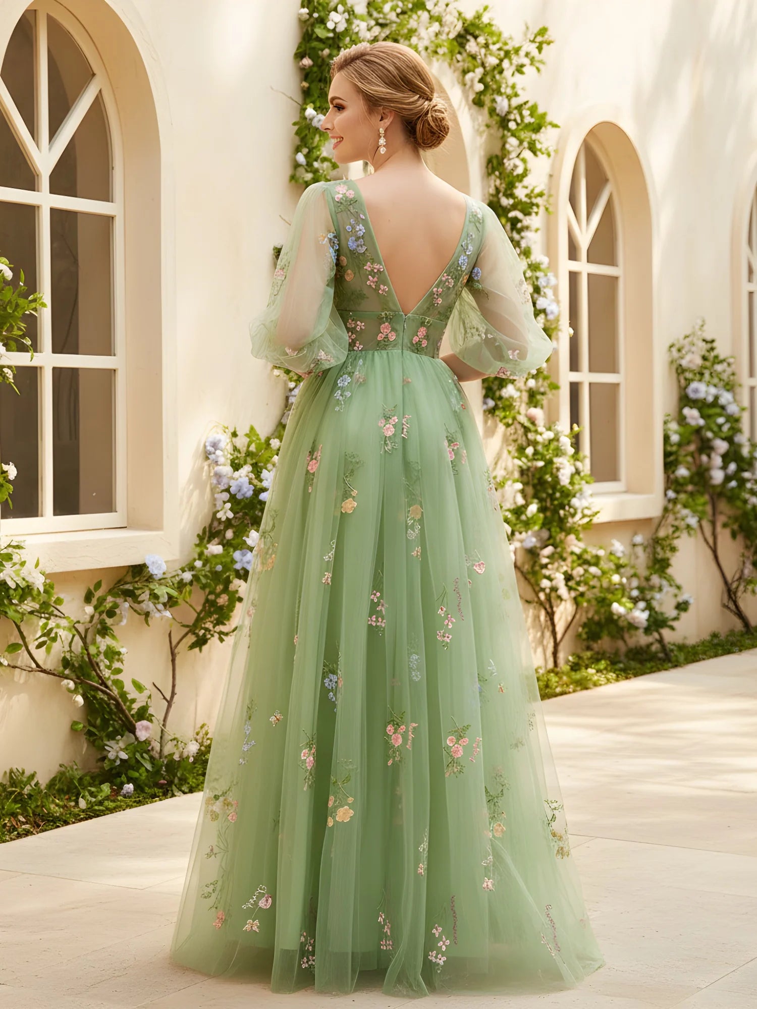 Enchanting A-Line V-Neck Half-Sleeve Tulle Embroidered Prom Dress