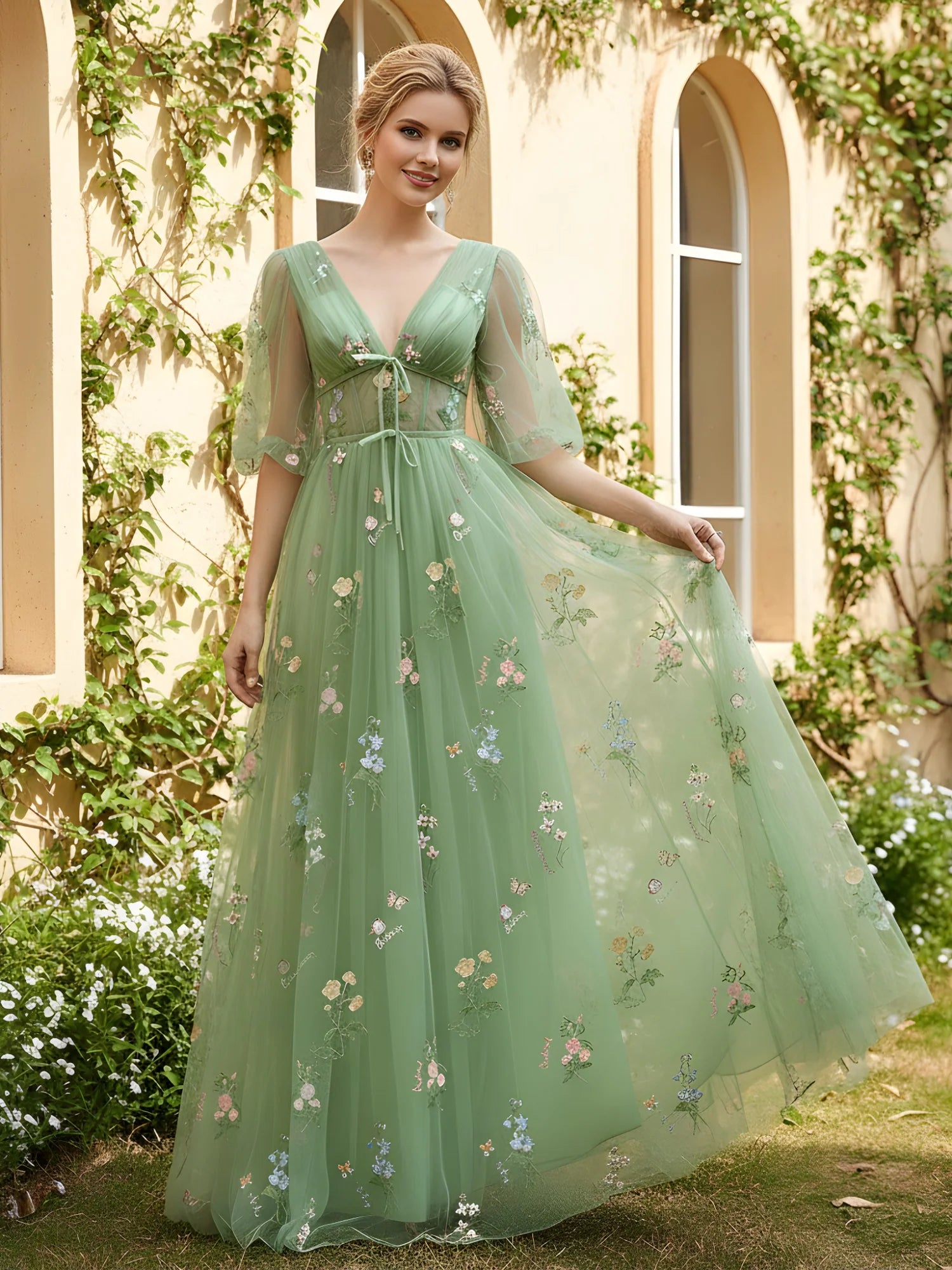 Enchanting A-Line V-Neck Half-Sleeve Tulle Embroidered Prom Dress