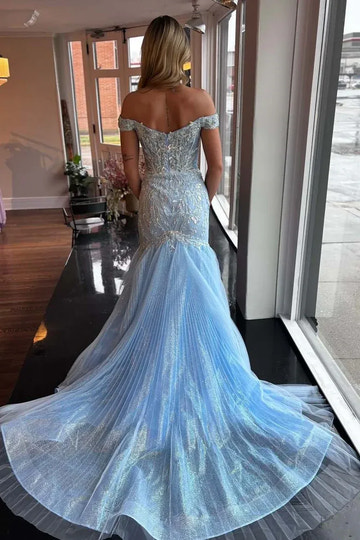 Encantador Vestido de Noche de Sirena con Purpurina, Escote Bardot y Azul Claro