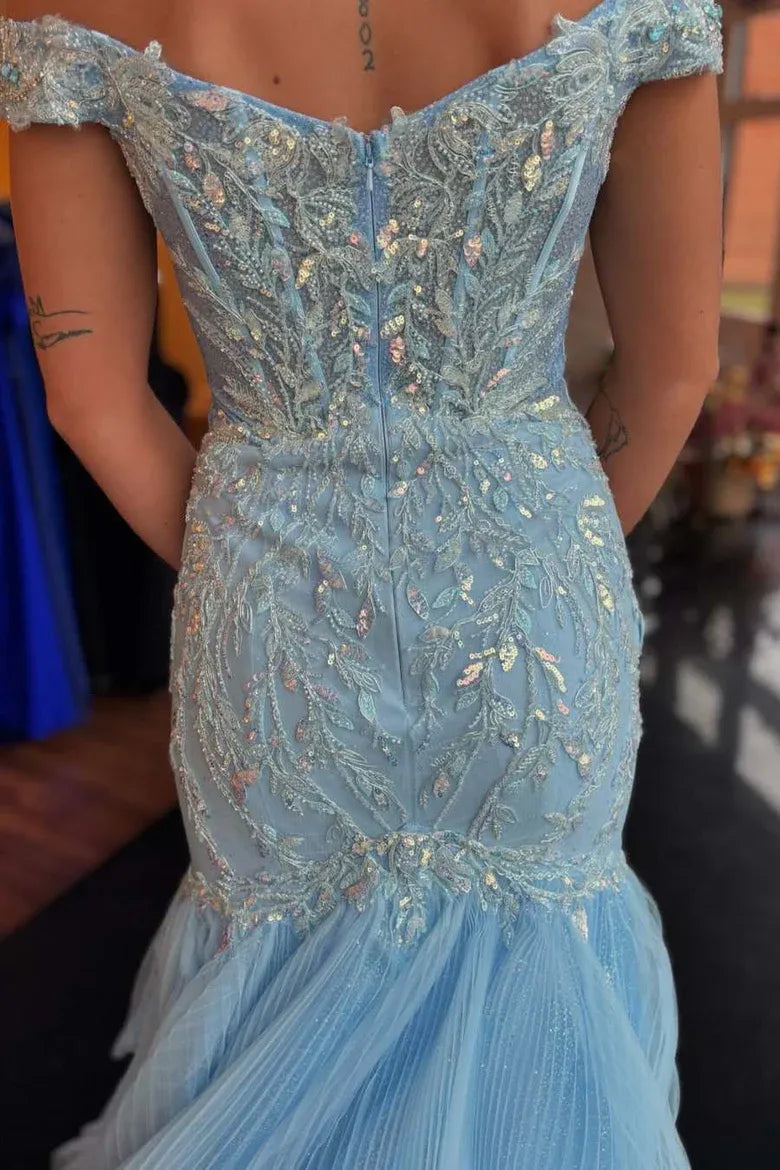 Encantador Vestido de Noche de Sirena con Purpurina, Escote Bardot y Azul Claro