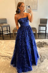 Enchanting Royal Blue Sequin Strapless Ball Gown with Pockets Prom Dress