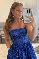 Enchanting Royal Blue Sequin Strapless Ball Gown with Pockets Prom Dress