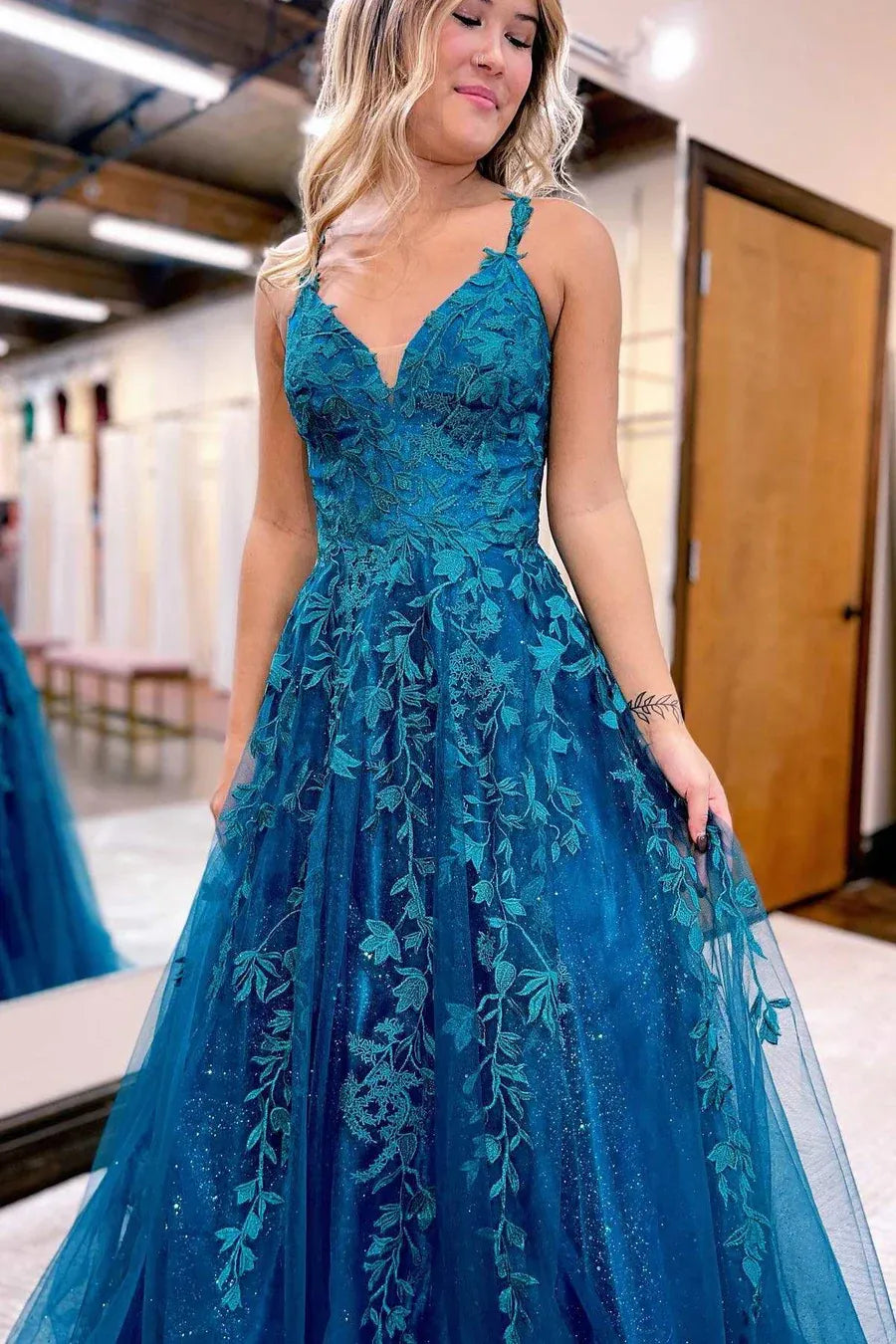 Enchanting Teal Lace Spaghetti Strap Ball Gown with Lace-Up Back Prom Gown