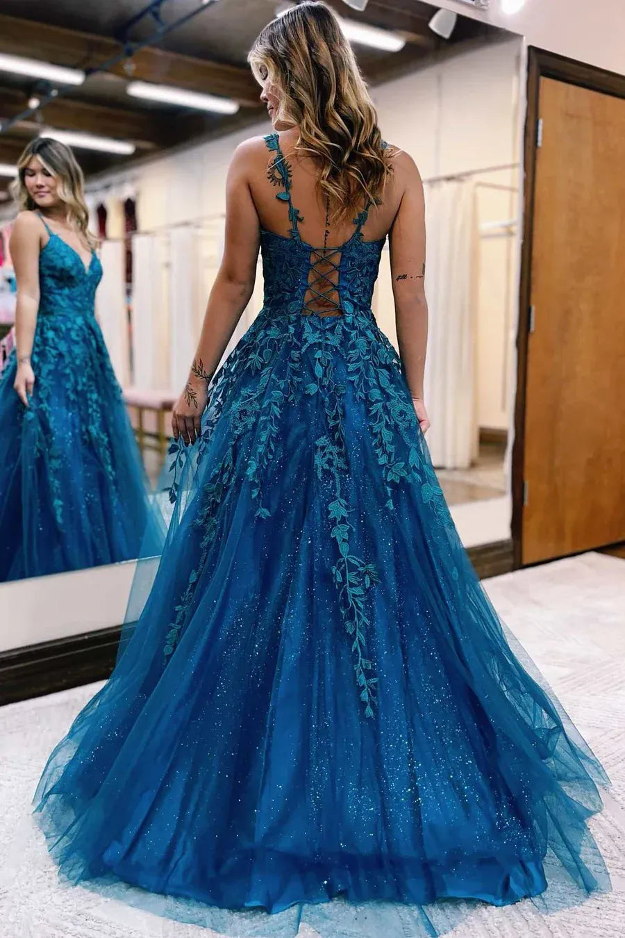 Enchanting Teal Lace Spaghetti Strap Ball Gown with Lace-Up Back Prom Gown