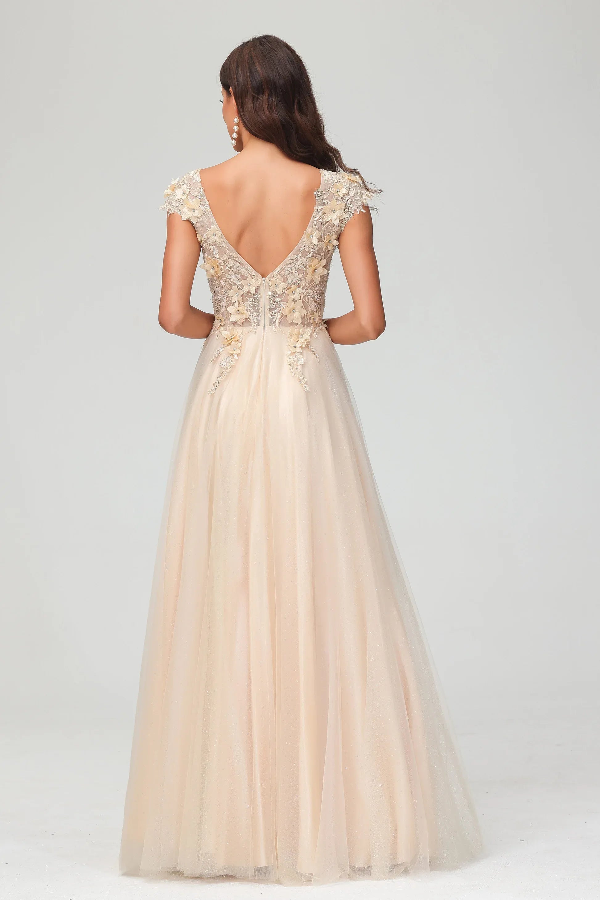 Ethereal A-Line V-Neck Cap Sleeve Tulle Maxi 3D Floral Evening Gown