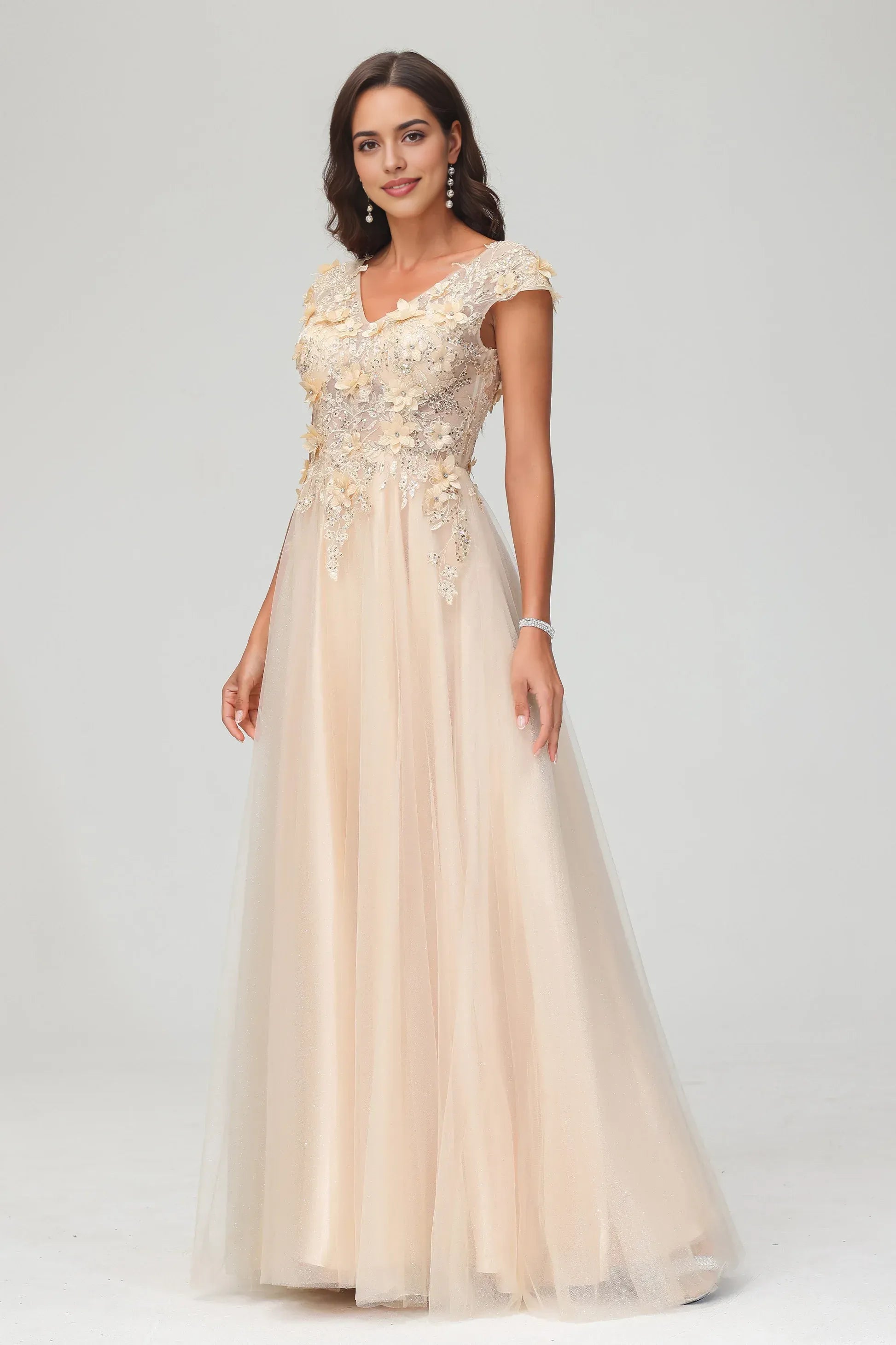 Ethereal A-Line V-Neck Cap Sleeve Tulle Maxi 3D Floral Evening Gown