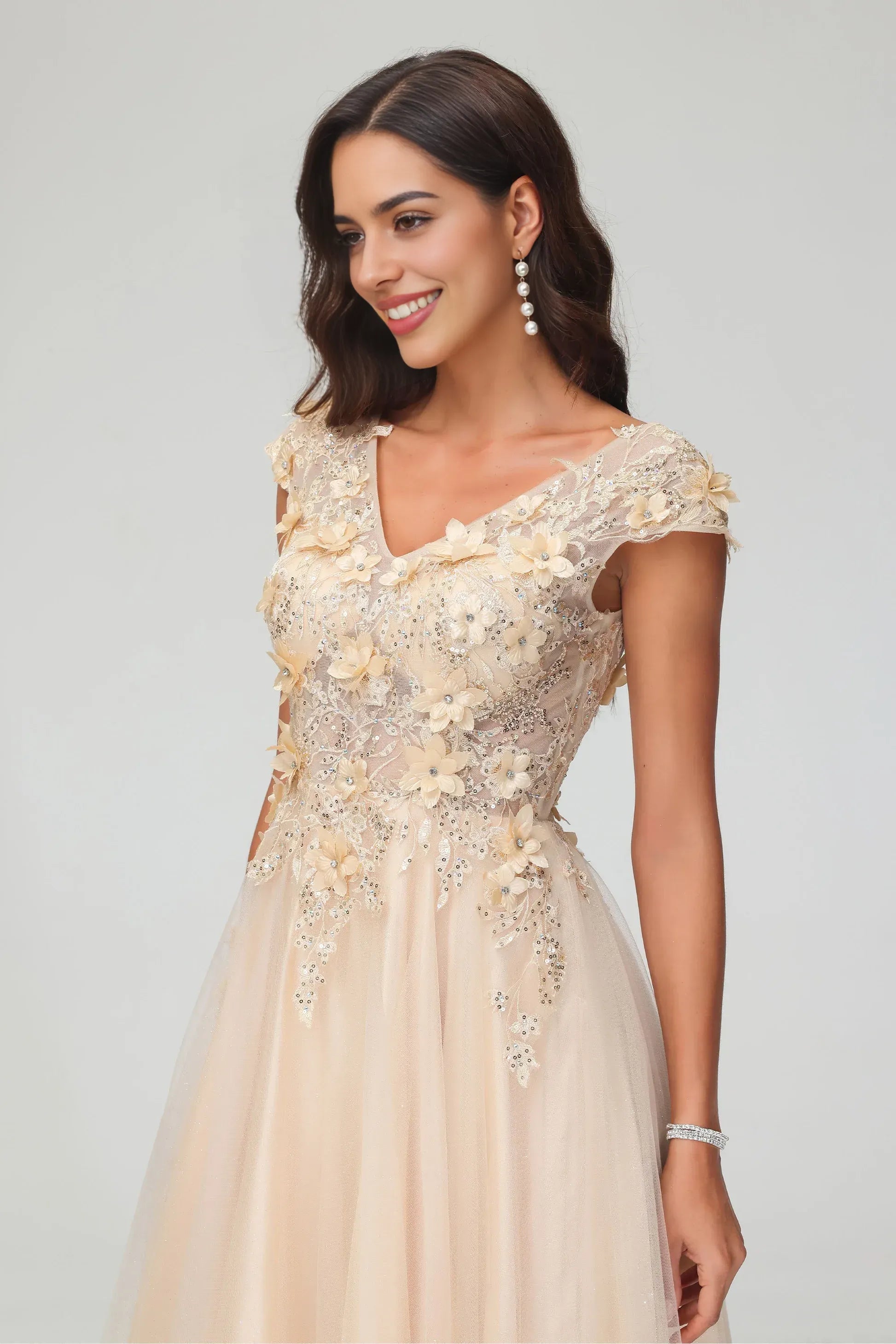 Ethereal A-Line V-Neck Cap Sleeve Tulle Maxi 3D Floral Evening Gown