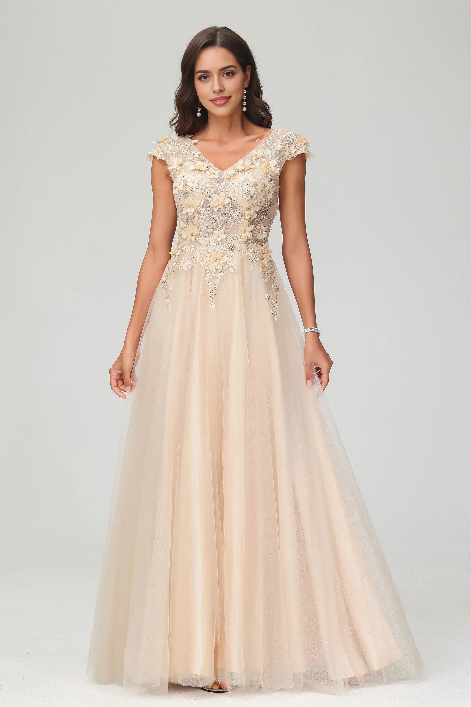 Ethereal A-Line V-Neck Cap Sleeve Tulle Maxi 3D Floral Evening Gown