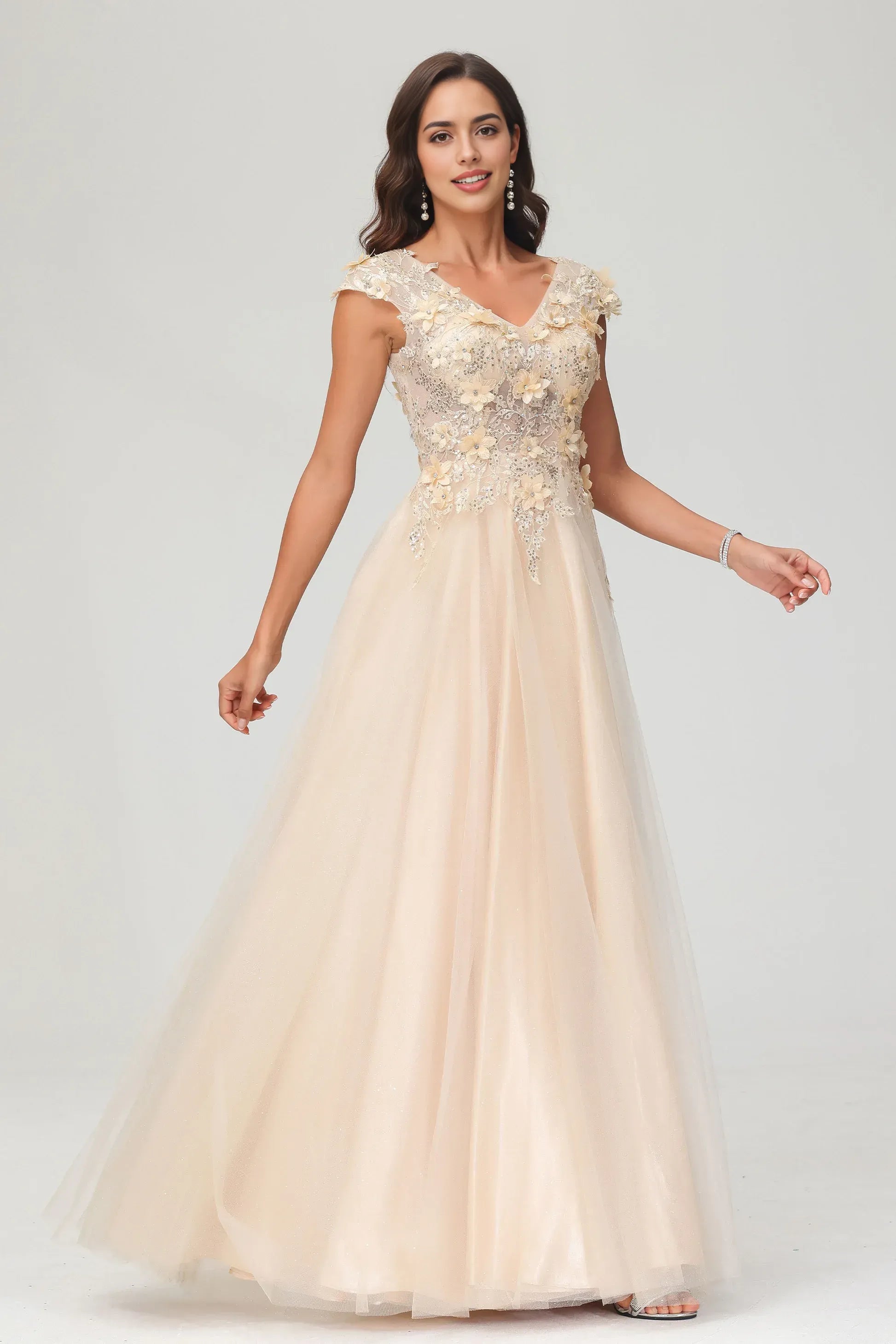Ethereal A-Line V-Neck Cap Sleeve Tulle Maxi 3D Floral Evening Gown