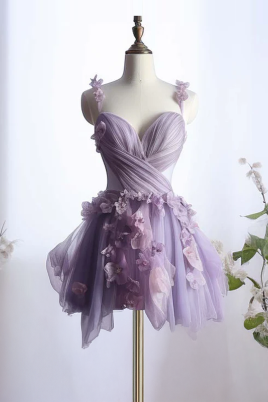 A-Line Floral Sweetheart Mini Party Dress Cute Tulle Homecoming Dress