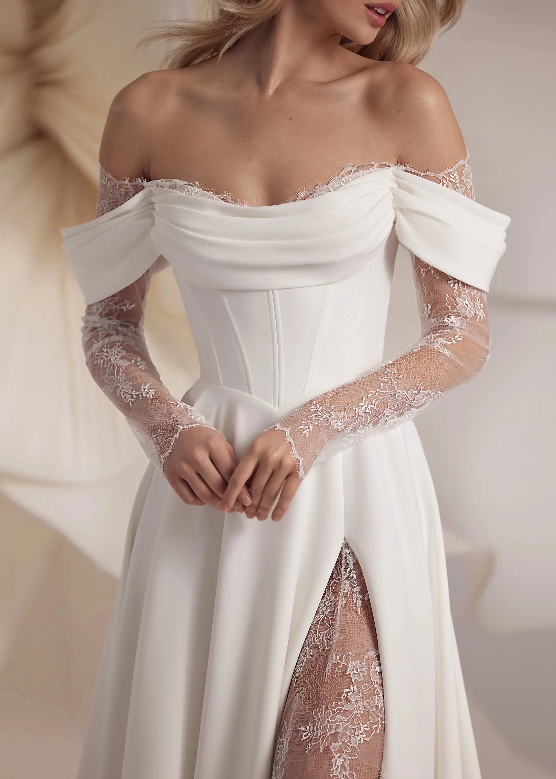 Elegant A Line Off Shoulder Lace Sleeve Corset Back Chapel Train Wedding Dress