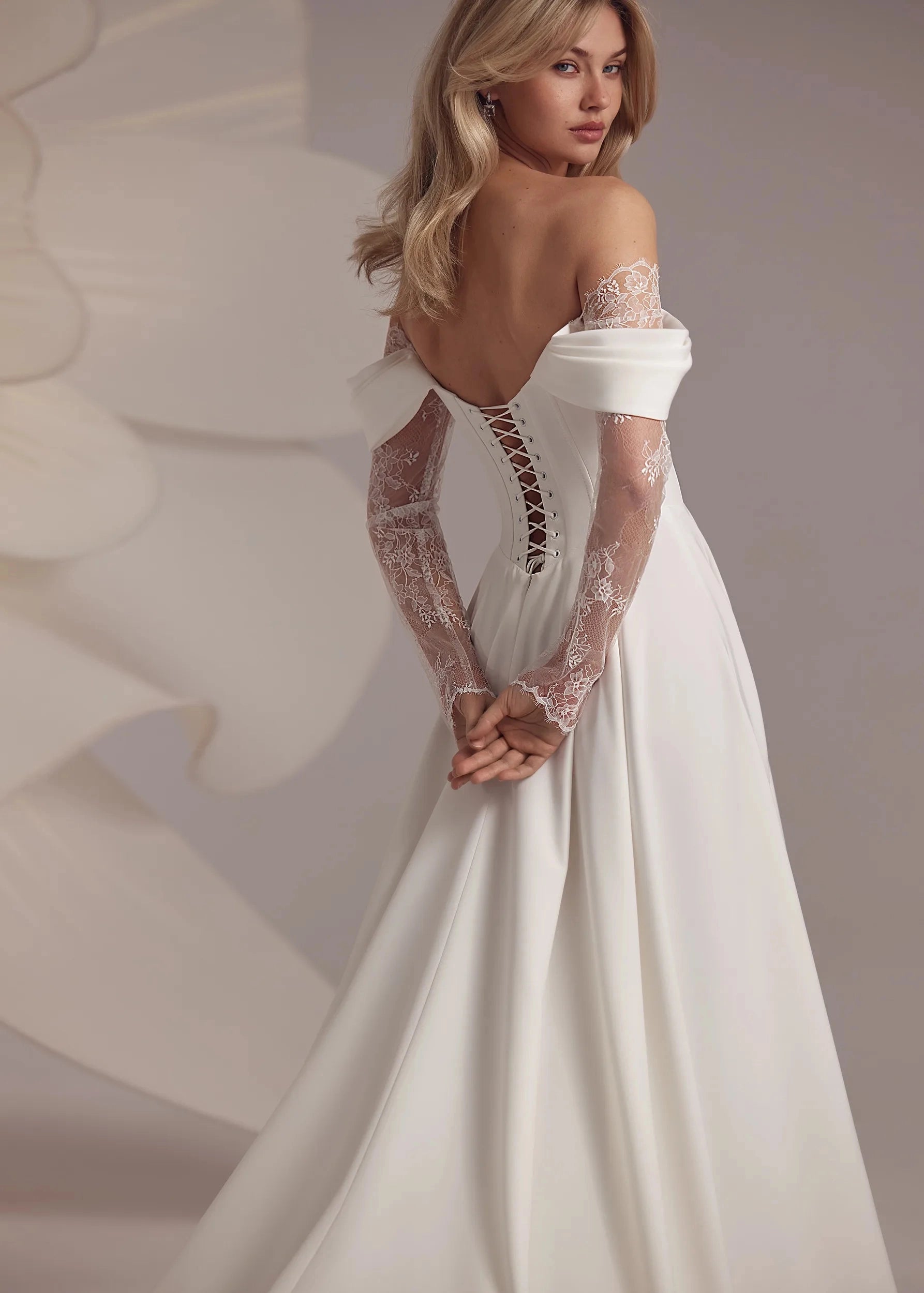 Elegant A Line Off Shoulder Lace Sleeve Corset Back Chapel Train Wedding Dress