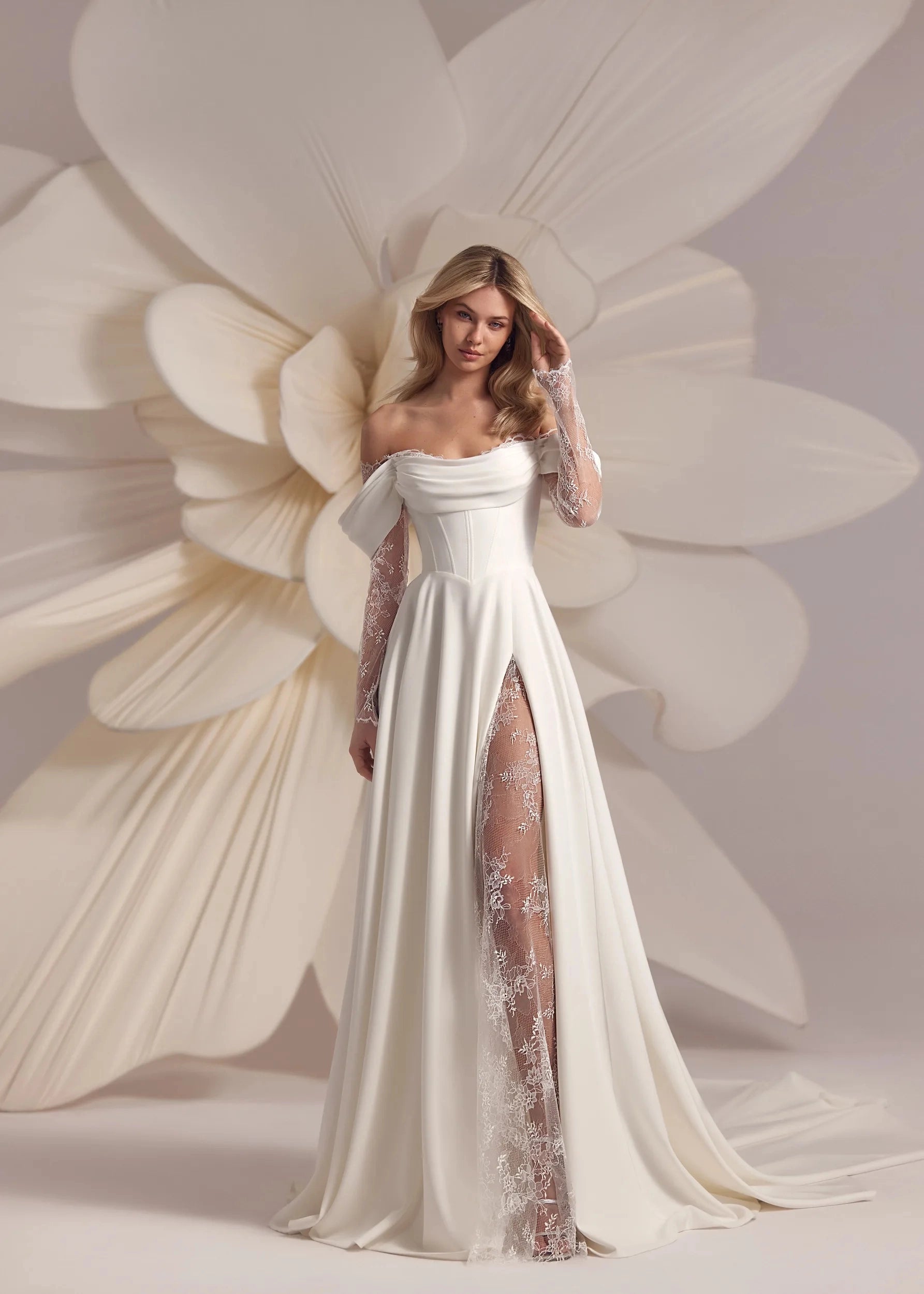 Elegant A Line Off Shoulder Lace Sleeve Corset Back Chapel Train Wedding Dress
