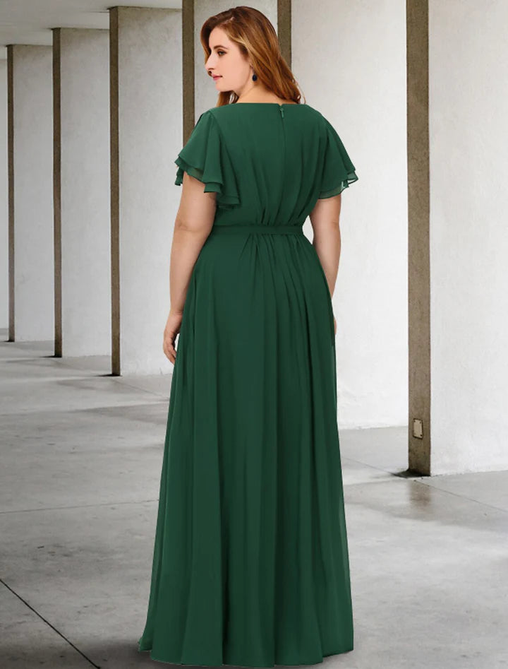 Vestido maxi de dama de honor de chifón con cuello en V, manga con volantes y fruncido, talla grande