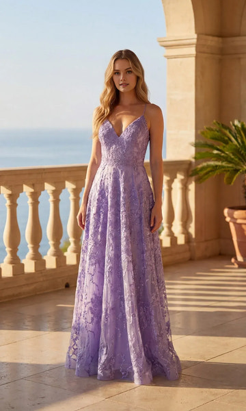 Exquisite A-line Plunging-V Sleeveless Lace Floor-length Criss-cross-back Floral-embroidered Prom Gown