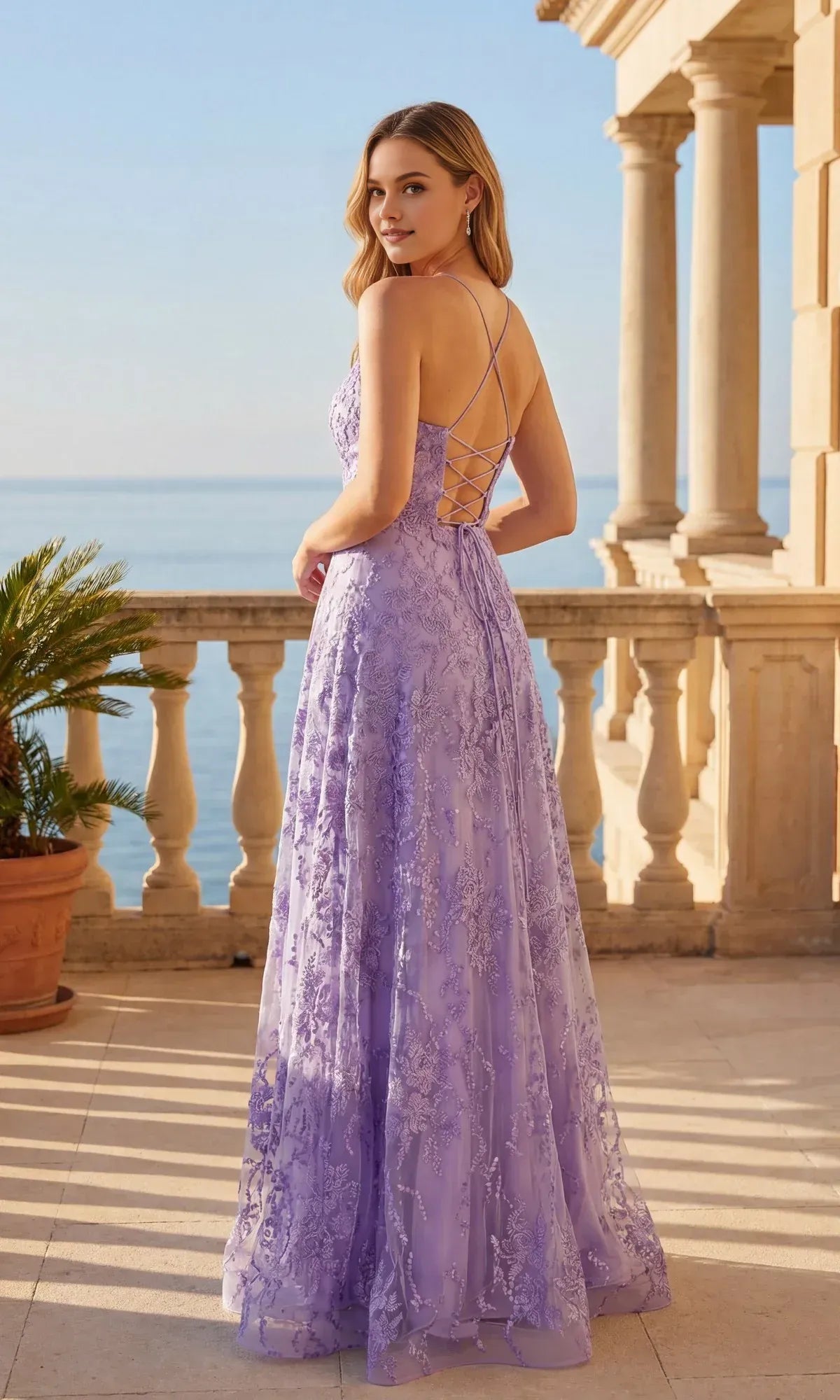 Exquisite A-line Plunging-V Sleeveless Lace Floor-length Criss-cross-back Floral-embroidered Prom Gown