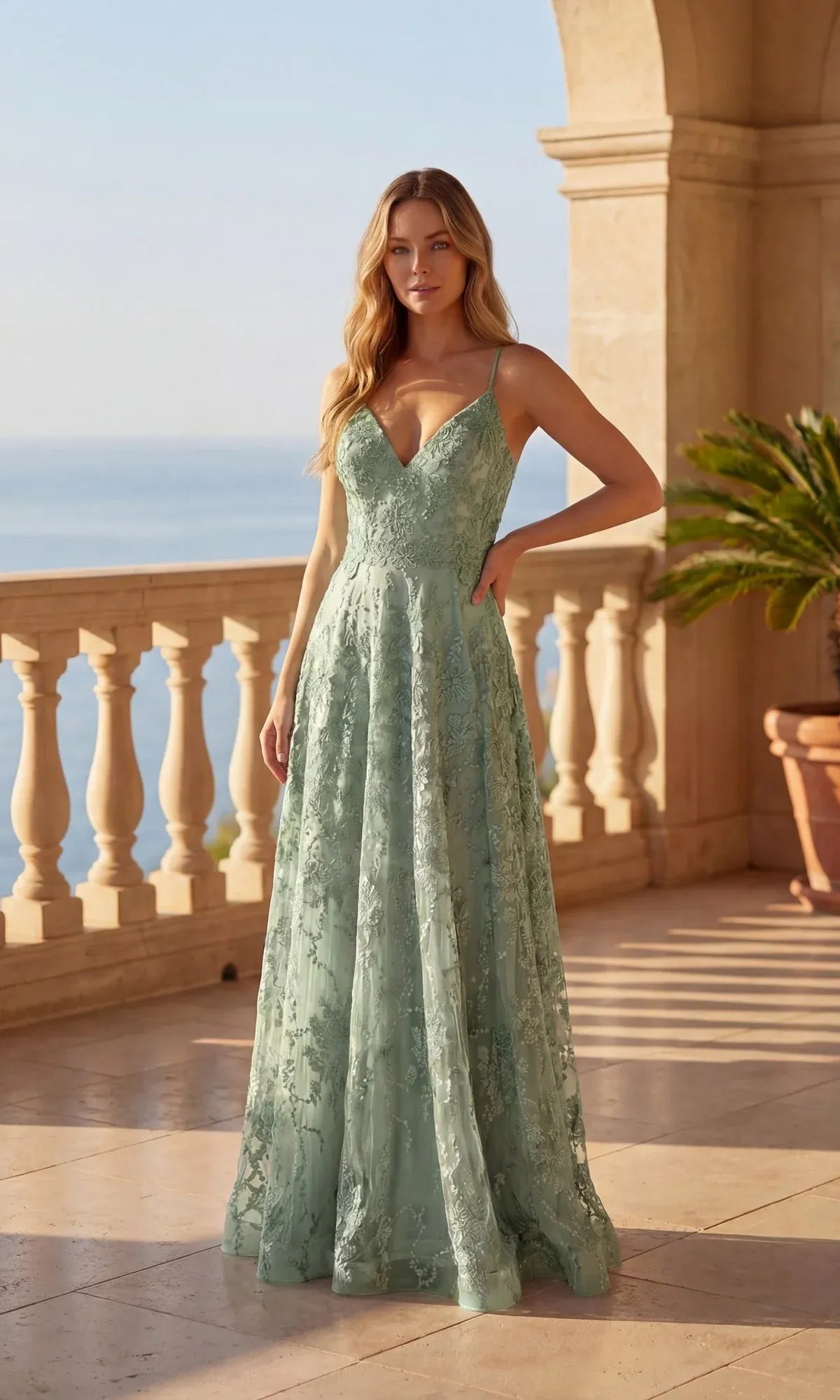 Exquisite A-line Plunging-V Sleeveless Lace Floor-length Criss-cross-back Floral-embroidered Prom Gown