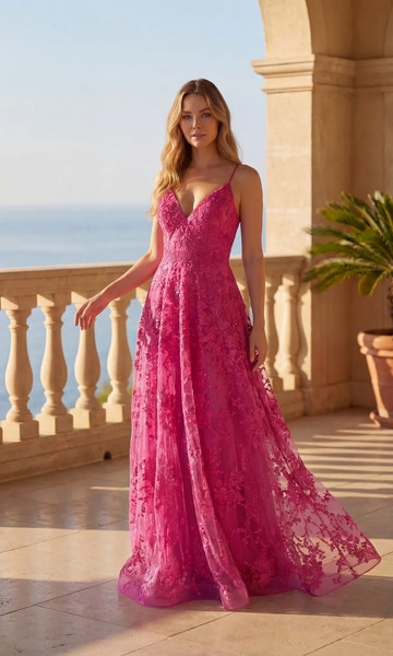 Exquisite A-line Plunging-V Sleeveless Lace Floor-length Criss-cross-back Floral-embroidered Prom Gown
