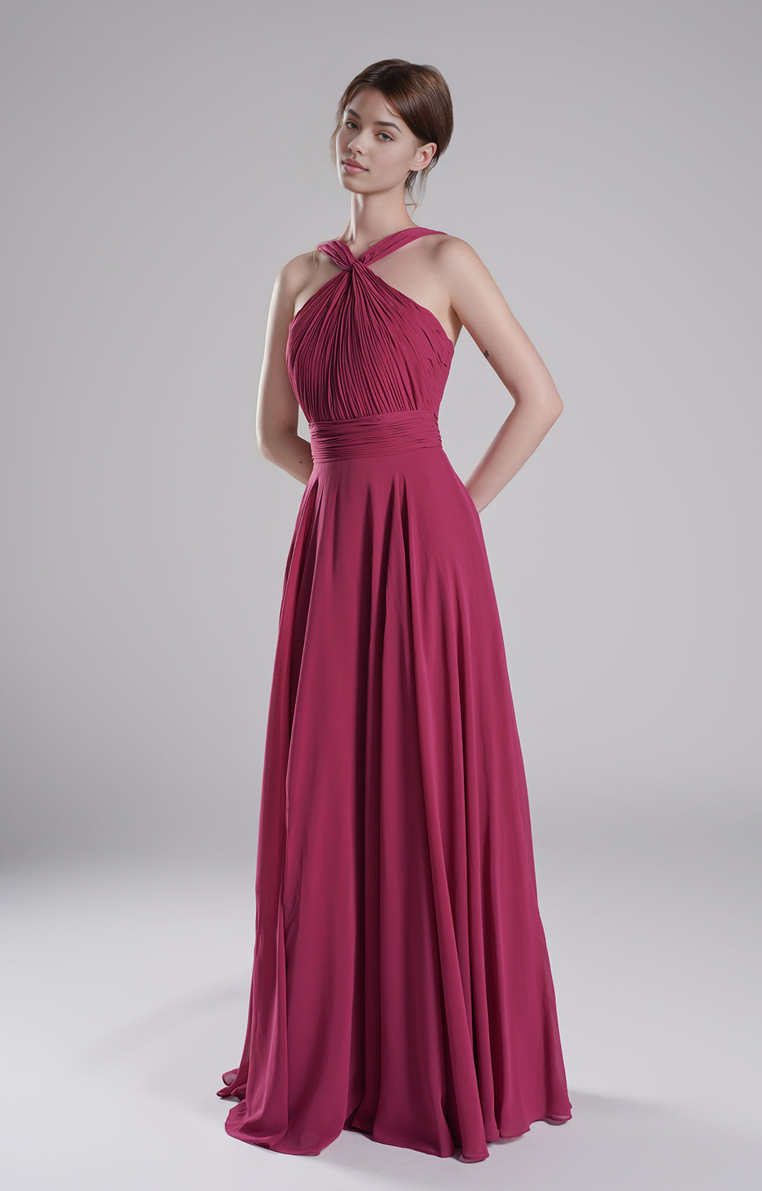 Romantic A-Line Halter Neck Sleeveless Open Back Floor-Length Chiffon Bridesmaid Gown Wedding Guest Dresses