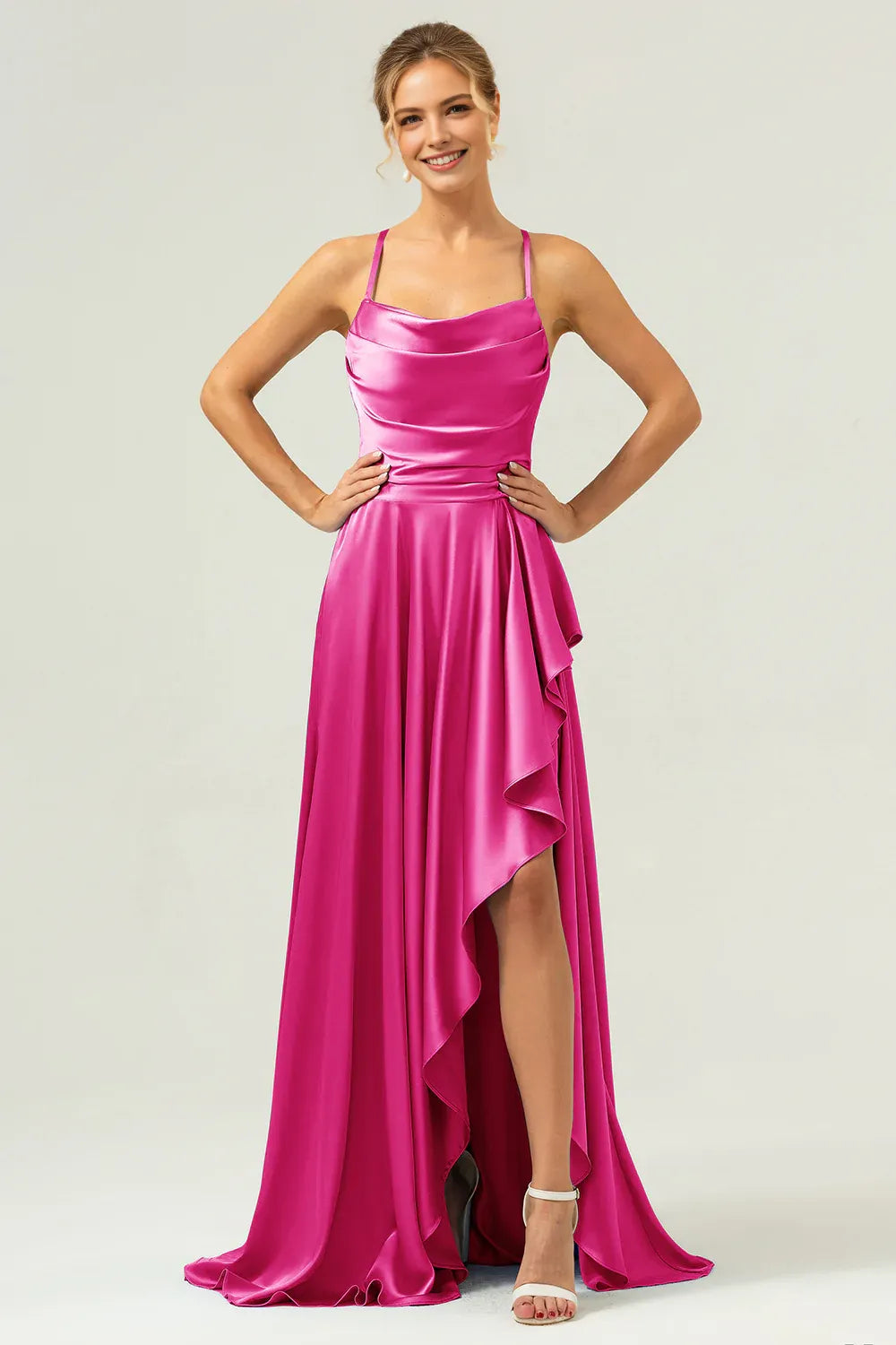Graceful A-Line Cowl Neck Sleeveless Satin Ruffle Wedding Guest Dress High-Slit Evening Gown