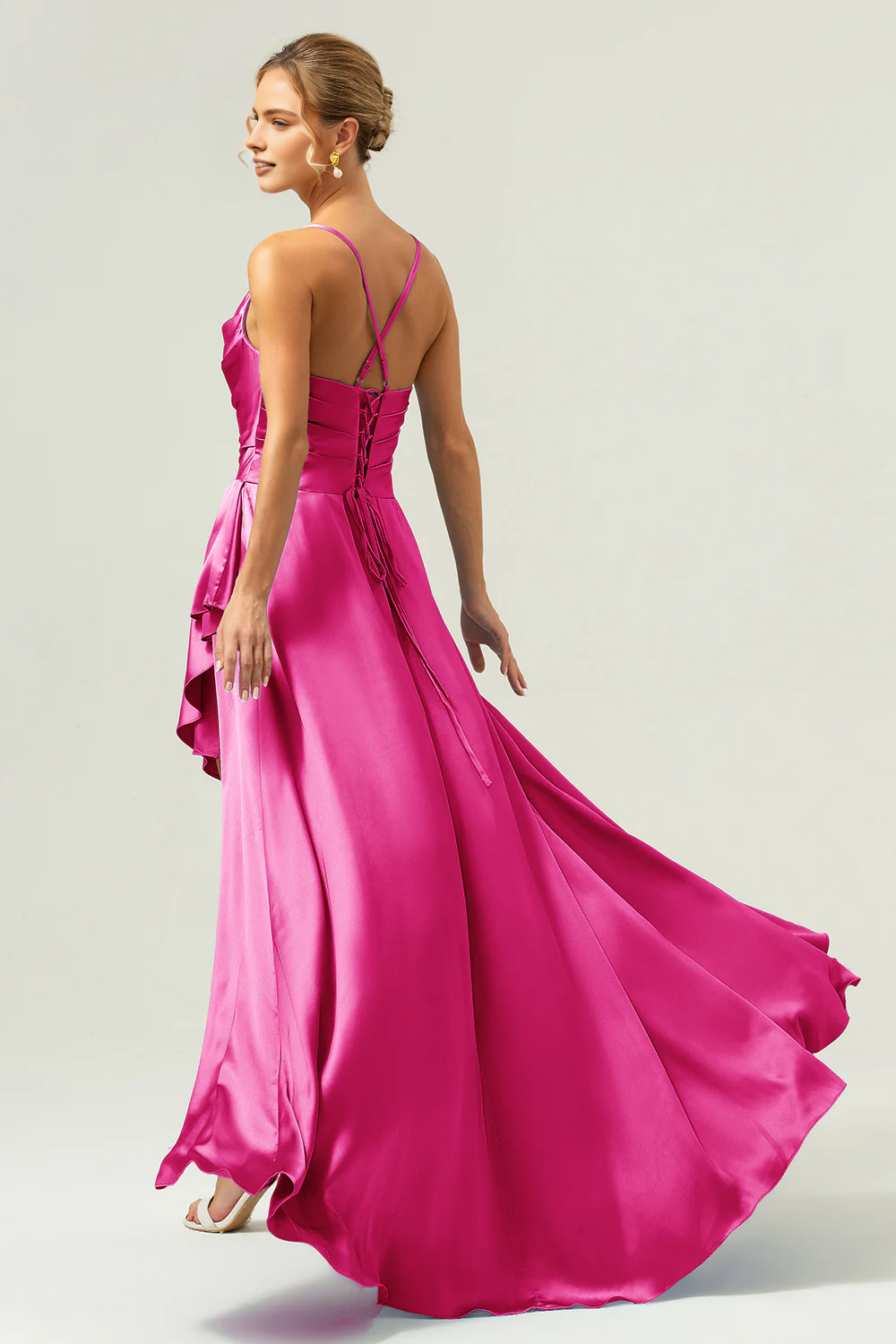 Graceful A-Line Cowl Neck Sleeveless Satin Ruffle Wedding Guest Dress High-Slit Evening Gown