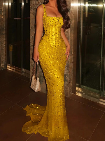 Sequin Mermaid Square Neck Sleeveless Zip Back Train Prom Dress