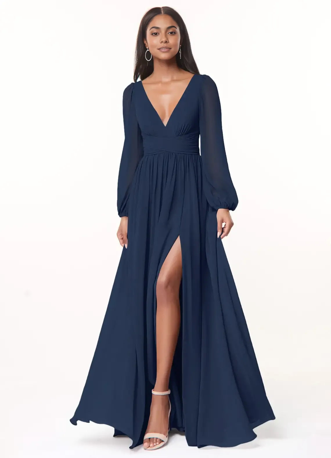 A-Line/Princess Chiffon Plunging Neck Long Sleeves Bridesmaid Dresses Wedding Guest Dresses With Slit