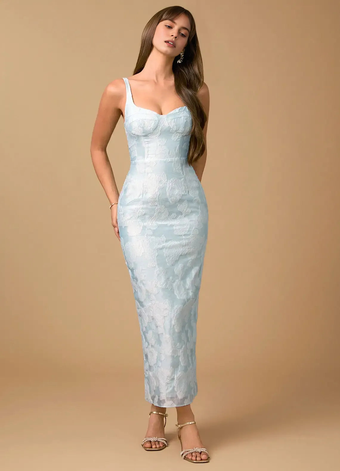 Sleek Sheath Mermaid Spaghetti Strap Jacquard Midi Back Slit Formal Evening Dress