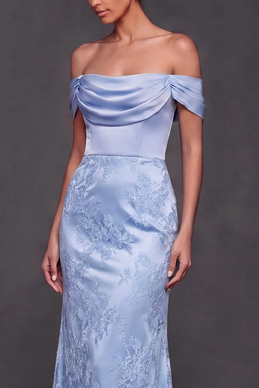 Off-The-Shoulder Draped Satin Lace Mermaid Maxi Bridesmaid Formal Dress