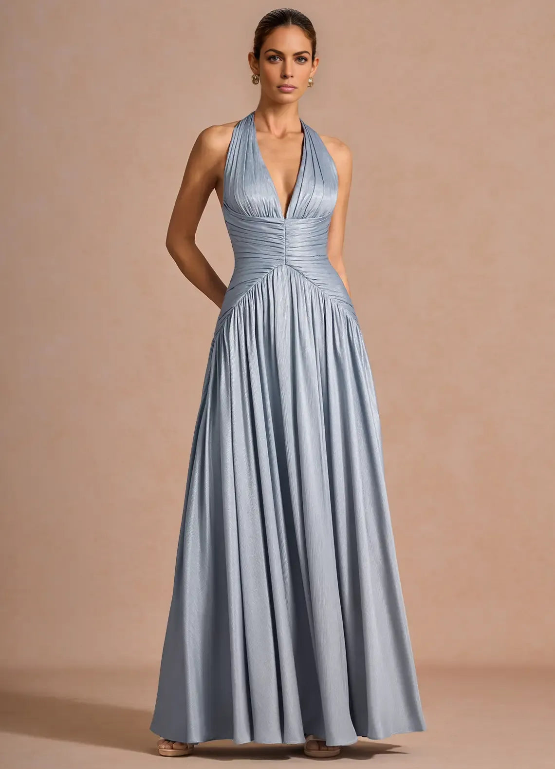Elegant A-line Halter Sleeveless Maxi Lace-up Slit Formal Wedding Guest Dress