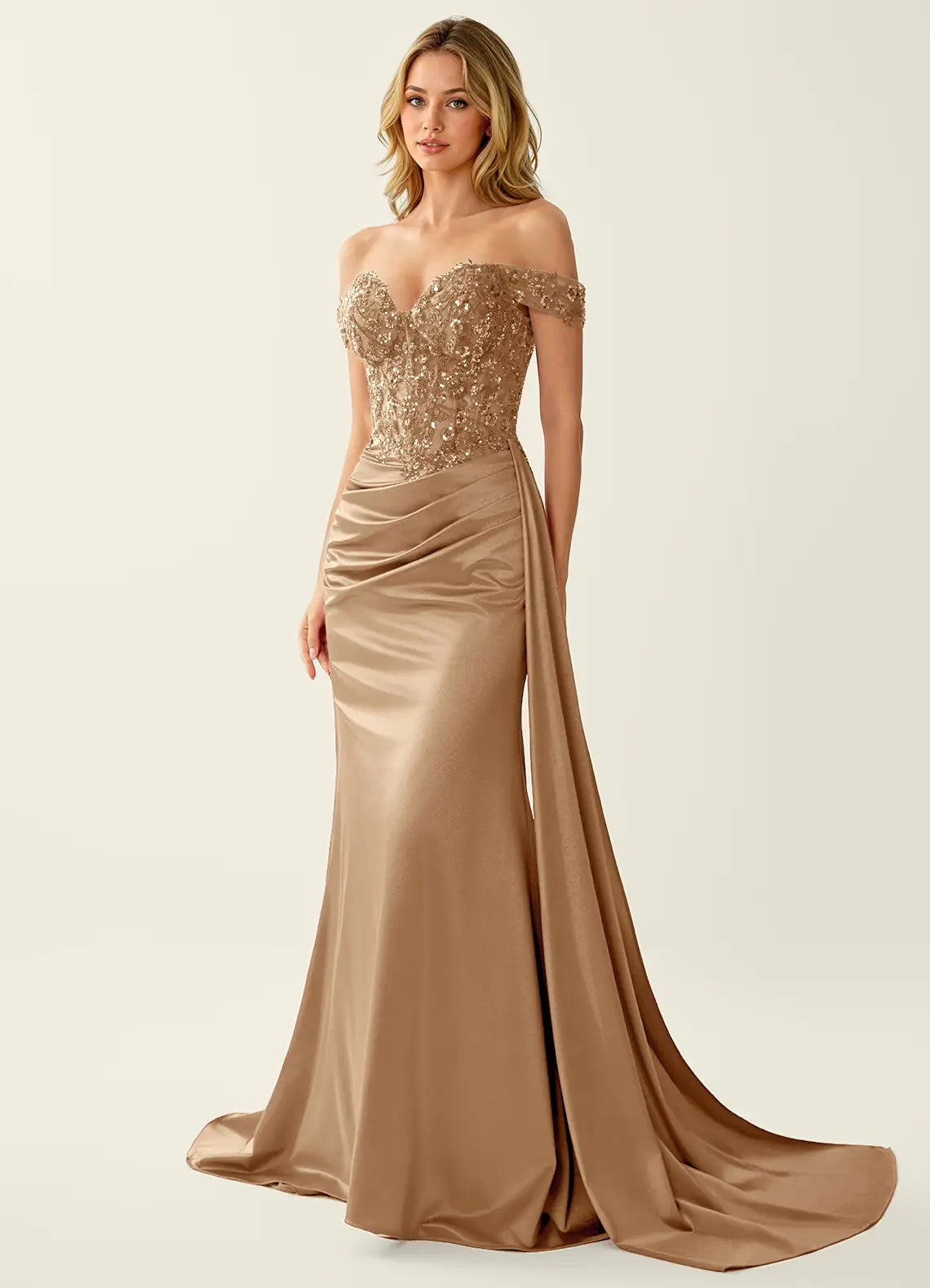 Glamorous Mermaid Sweetheart Off Shoulder Lace Satin Floor Length Prom Dress