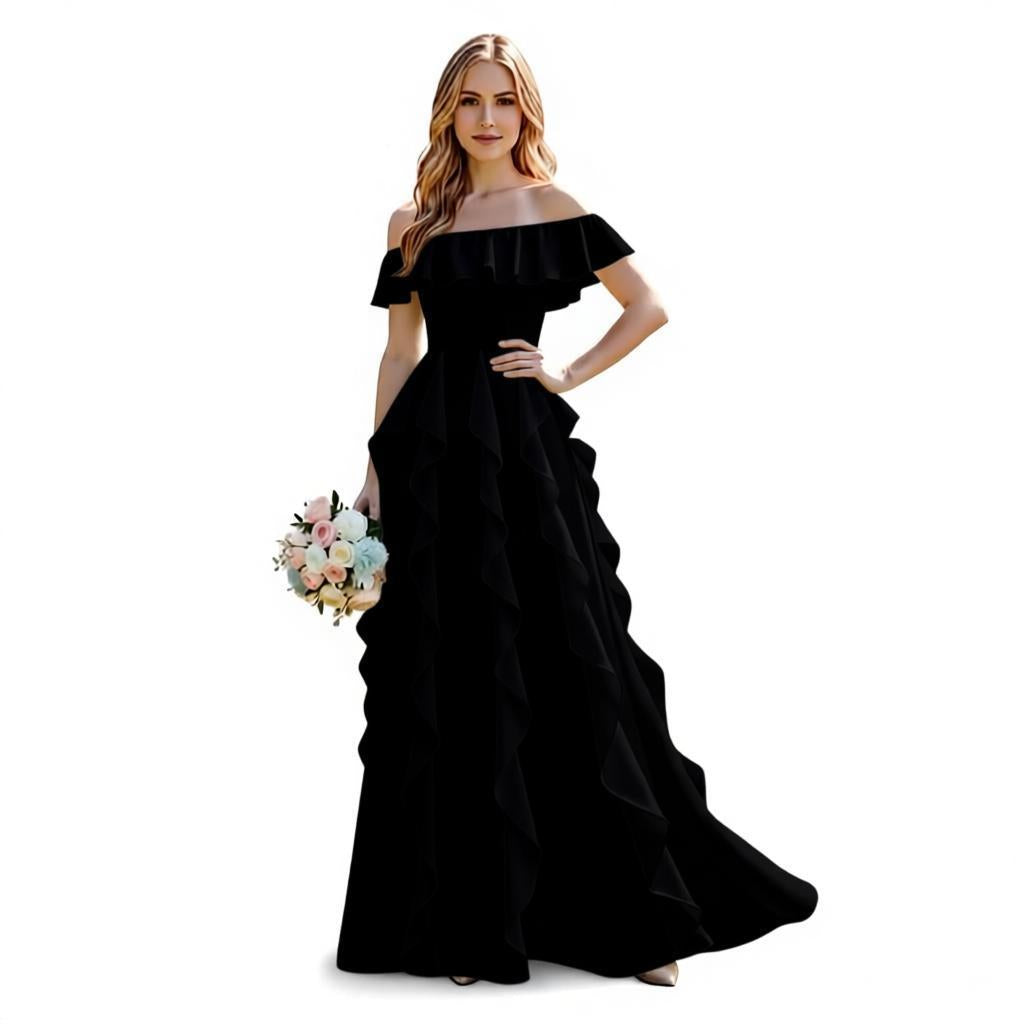 Off-the-Shoulder Ruffled Chiffon Bridesmaid Dress - Floor-Length Formal Evening Gown