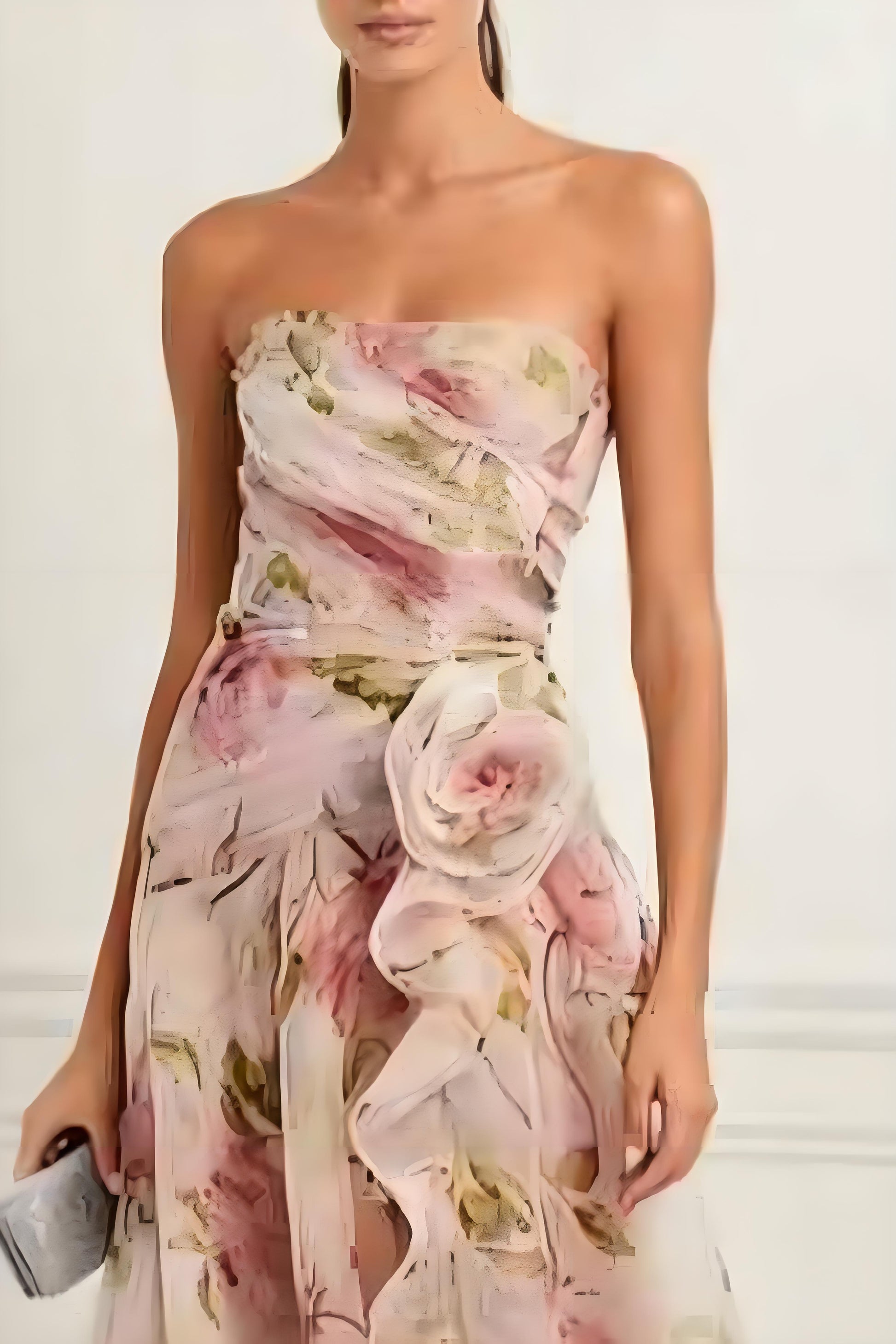 3D Floral Strapless Maxi Dress Lace-Up Back Formal Party Wedding Guest Dress