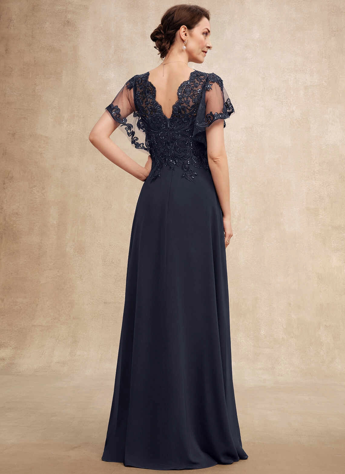 Vedress navy floor‑length mother of the bride dress,beaded lace flutter sleeves,deep v back,chiffon a‑line skirt