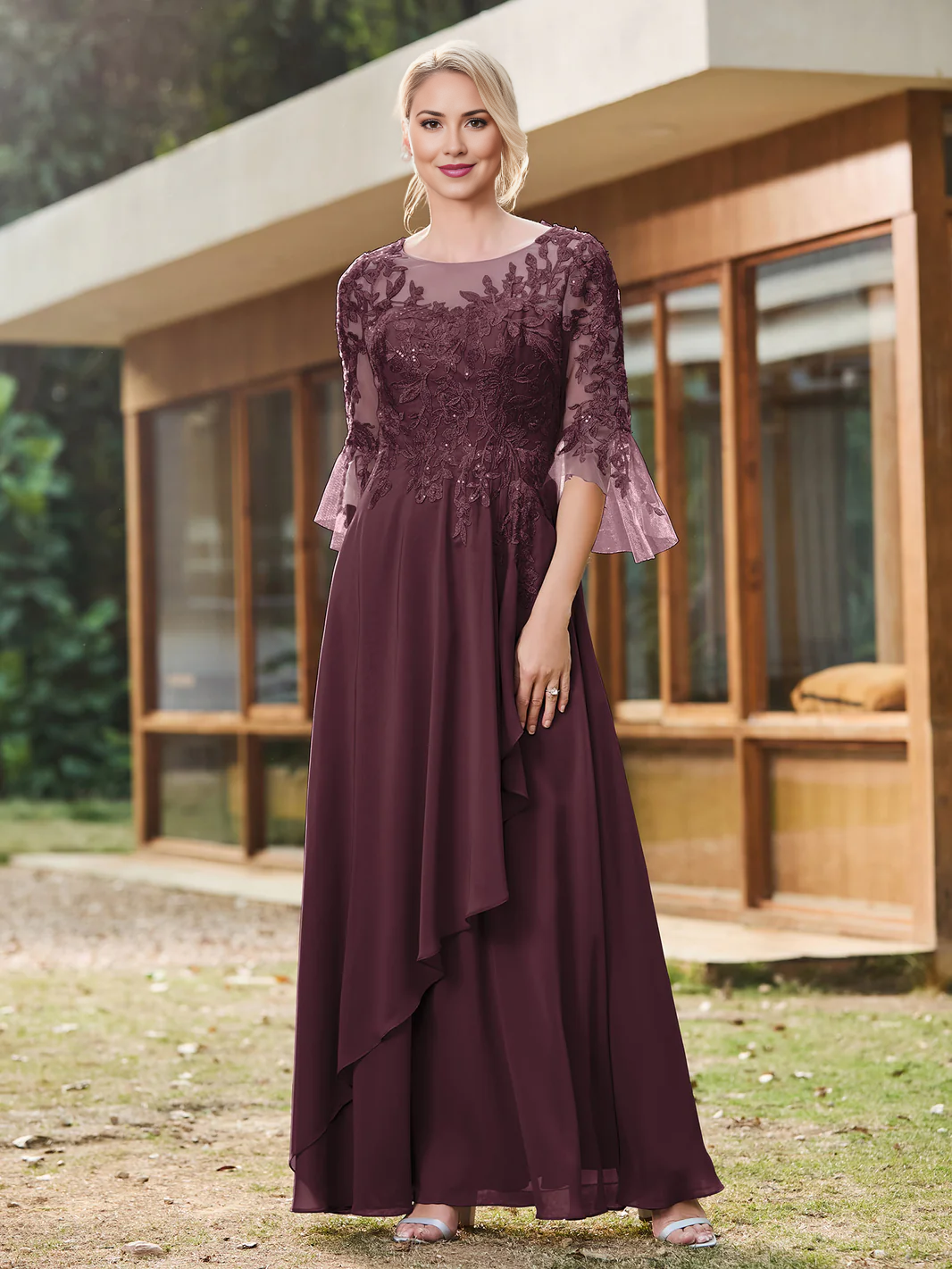 Lace Appliques Chiffon Mother of the Bride Dress, Illusion Neck 3/4 Bell Sleeve Wedding Guest Dress