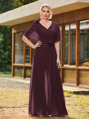 Chiffon V-Neck Mother of the Bride Dress, Short Flutter Sleeve Formal Evening Gown
