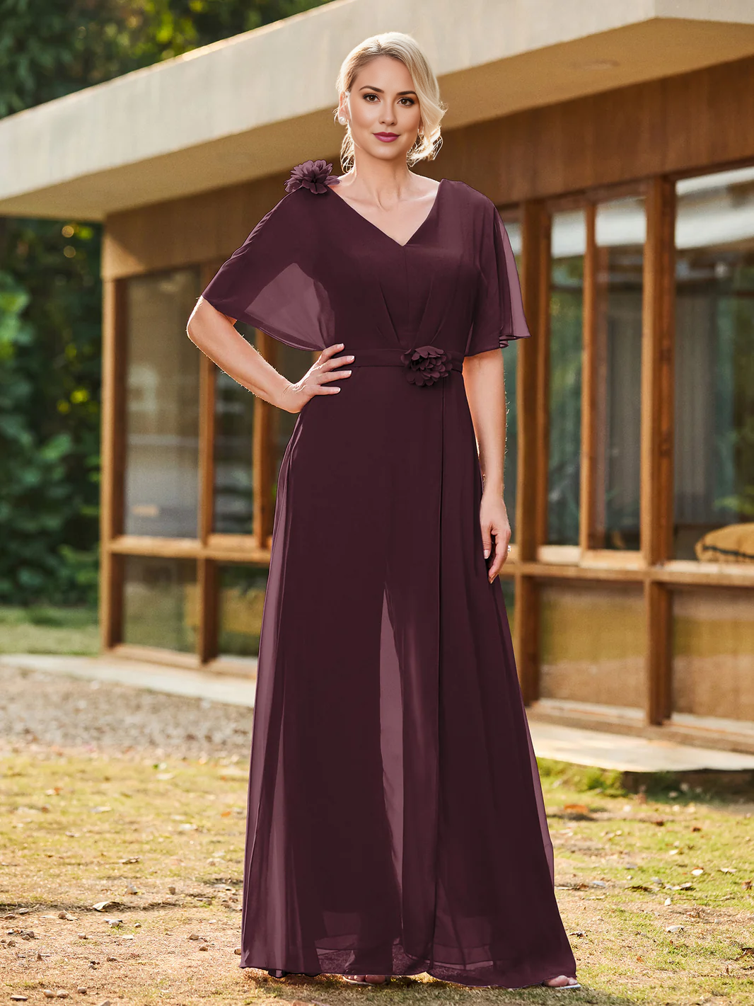 Chiffon V-Neck Mother of the Bride Dress, Short Flutter Sleeve Formal Evening Gown