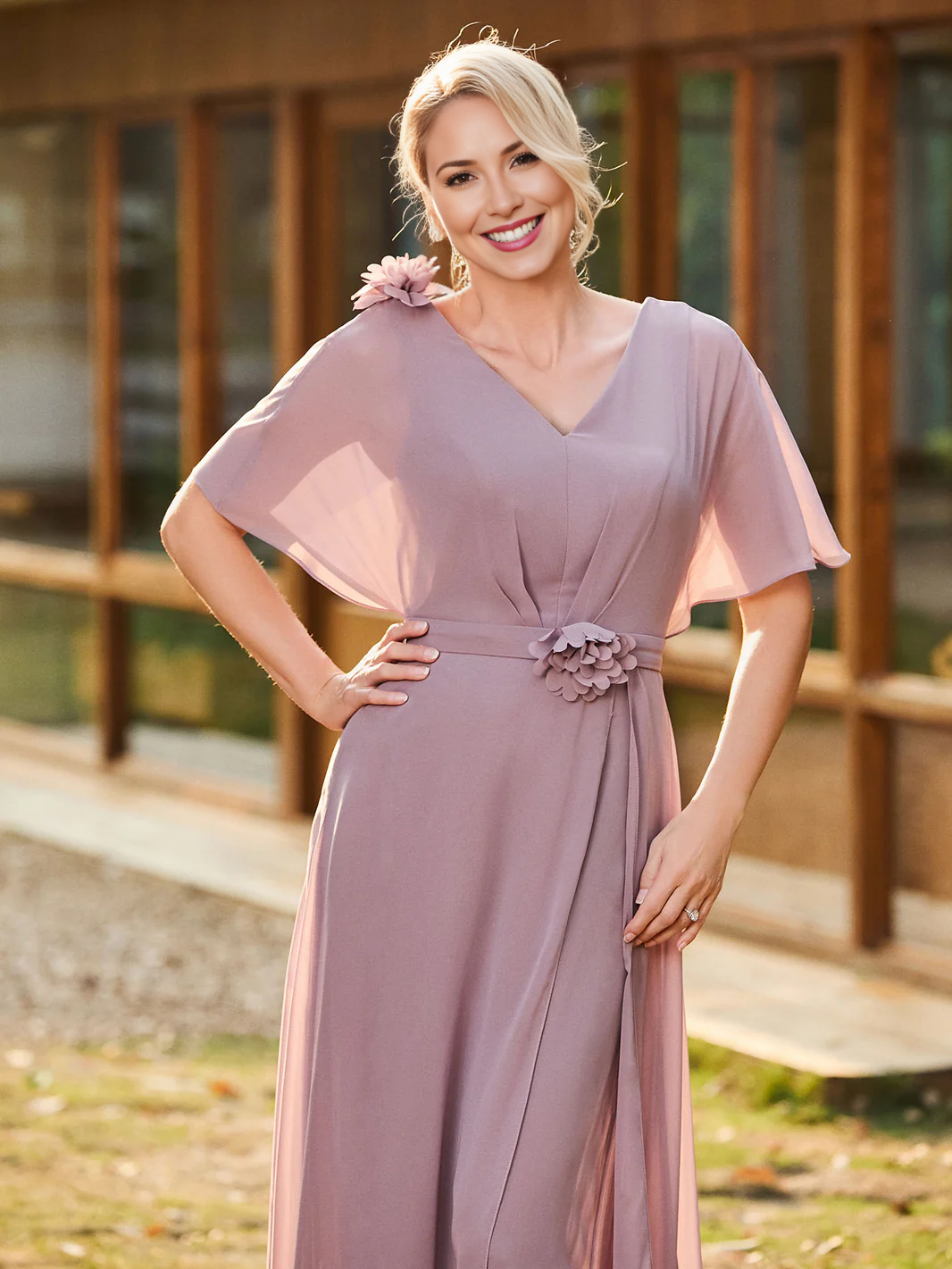 Chiffon V-Neck Mother of the Bride Dress, Short Flutter Sleeve Formal Evening Gown