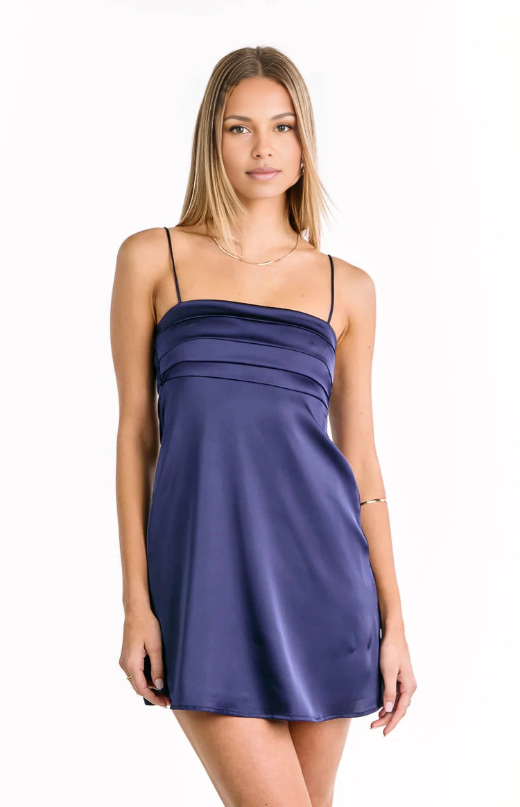 Silky Satin A Line Square Spaghetti Strap Smocked Back Mini Homecoming Dress