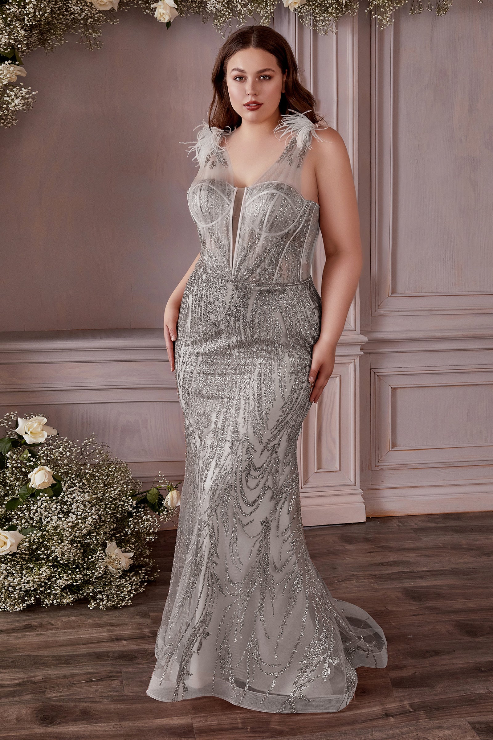 Statement-Making Sheath Plunge Neck Sleeveless Sequin Feather-Trim Prom Dress