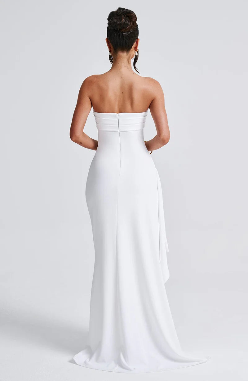 Fitted Strapless Crepe Maxi Ruffle High Slit Gown Evening Dress